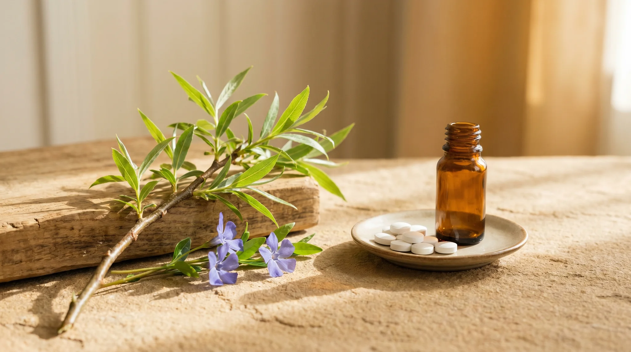 Fresh willow sprig and periwinkle flowers beside white pills and an amber vial, showing the plant-to-drug link