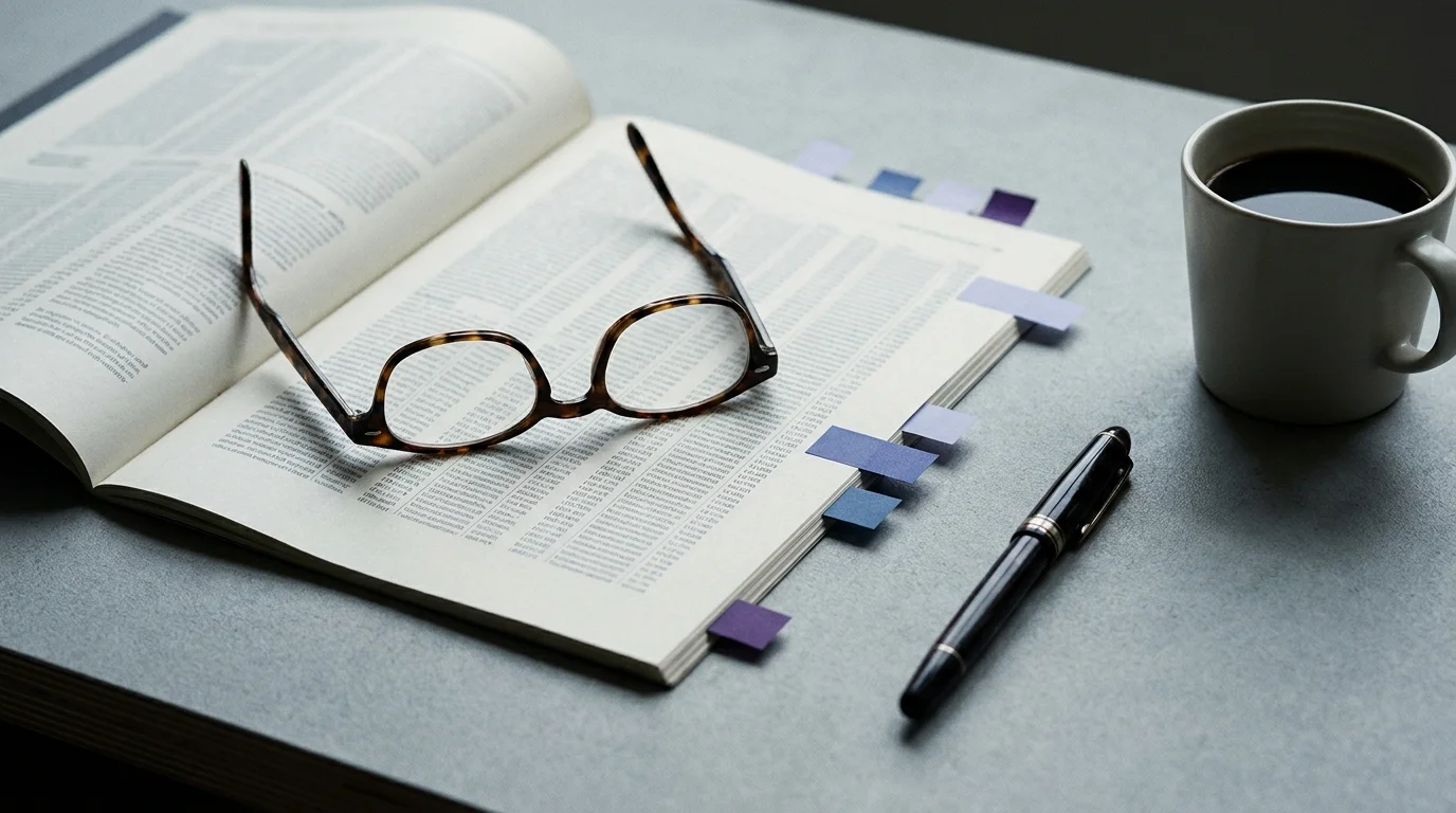 Reading glasses resting on an open printed report with tabbed pages beside a coffee and pen, an ethics in healthcare review