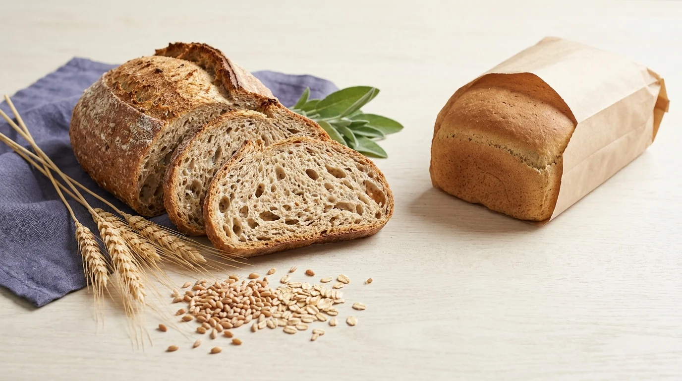 A nutritious whole-grain loaf with wheat stalks and grains beside a plainly-packaged gluten-free bread on a wood surface