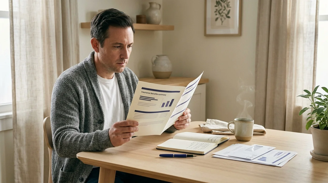 Person at a sunlit kitchen table reviewing whether integrative medicine is covered by insurance, with bills and a herbal tea
