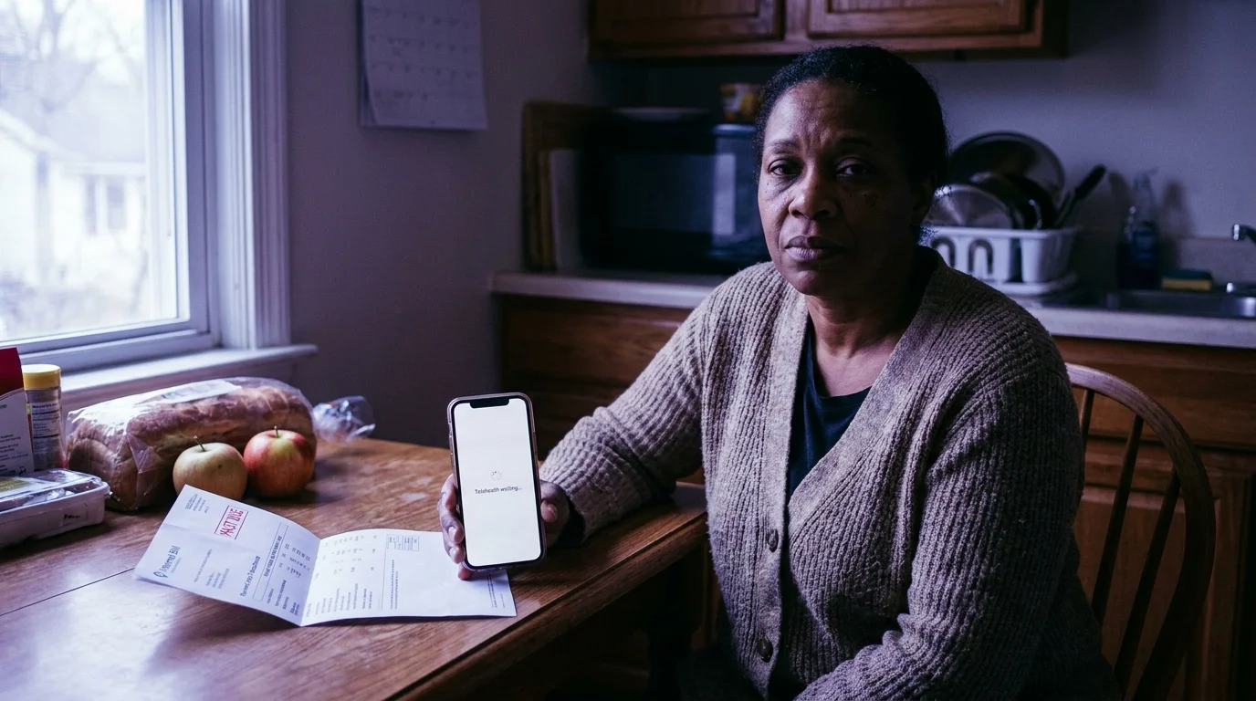 Woman at a kitchen table weighing an unpaid internet bill against groceries as a telehealth appointment loads on her phone