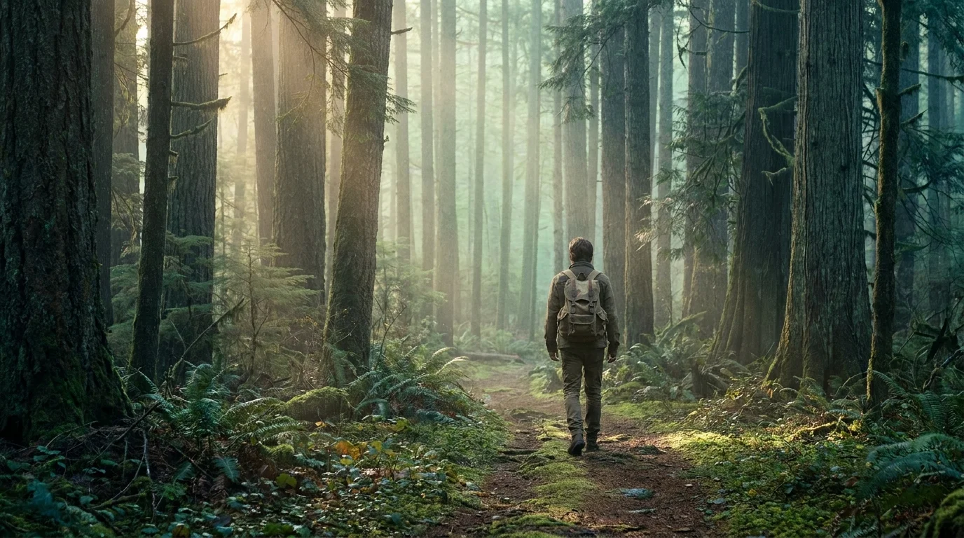 A lone traveler walking a sun-dappled forest trail among tall trees, an image of nature travel as immersion