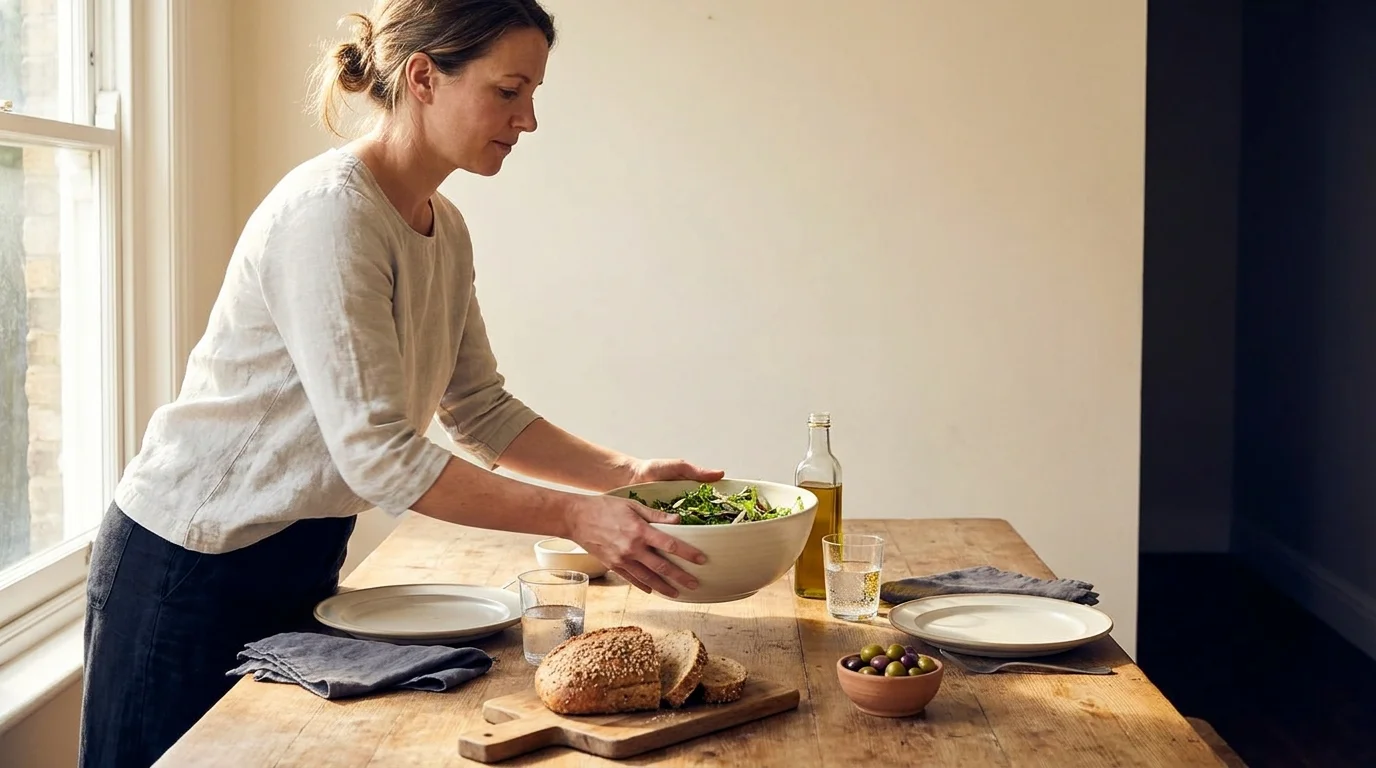 Woman lowering a wide ceramic bowl of green salad onto a wood dining table set with bread, olives, EVOO and water glasses