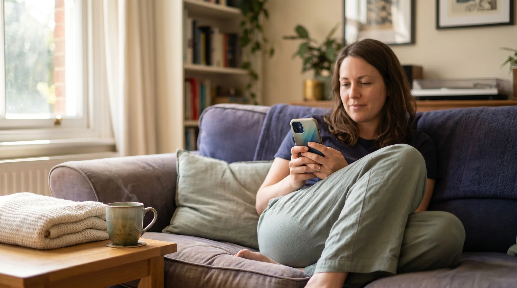 Person relaxing on a couch using a mental wellness app on a smartphone with a cup of tea nearby