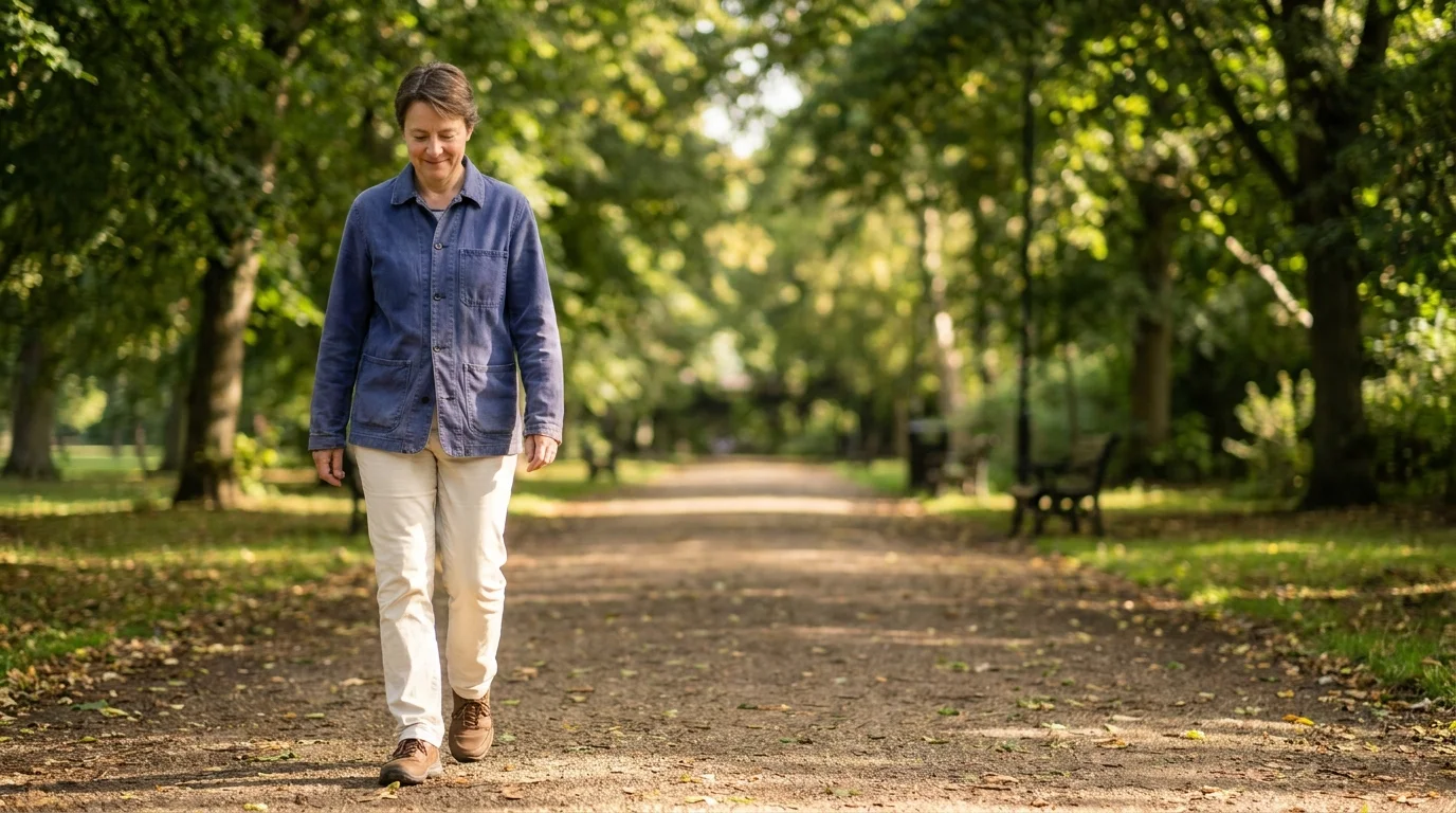 A person practicing mindful walking along a quiet tree-lined park path in soft morning light, unhurried and grounded