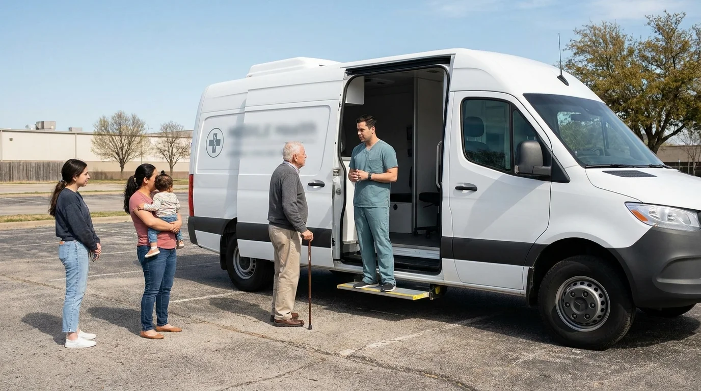 Mobile health clinic van parked at a community lot, a clinician at the open door as diverse patients wait nearby