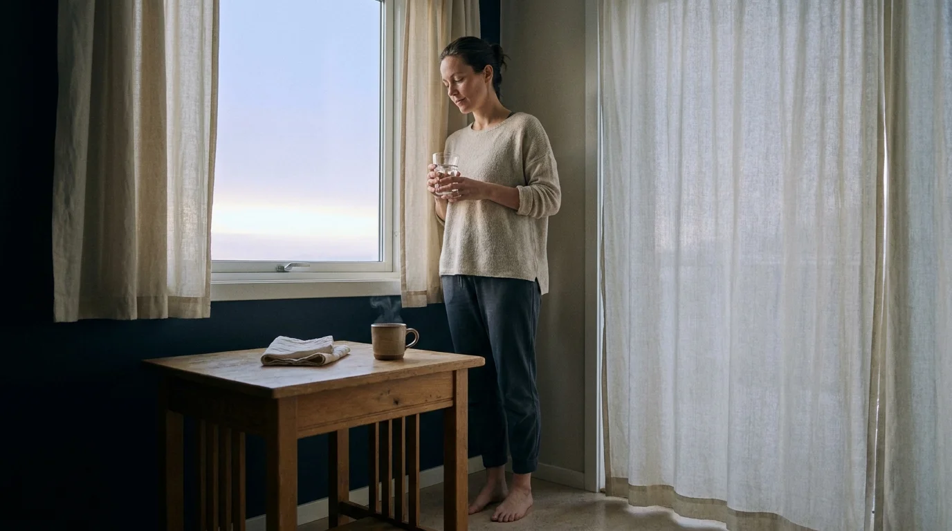 Woman at a kitchen window holding a glass of water in soft morning light — a daily wellness routine in its first quiet minute