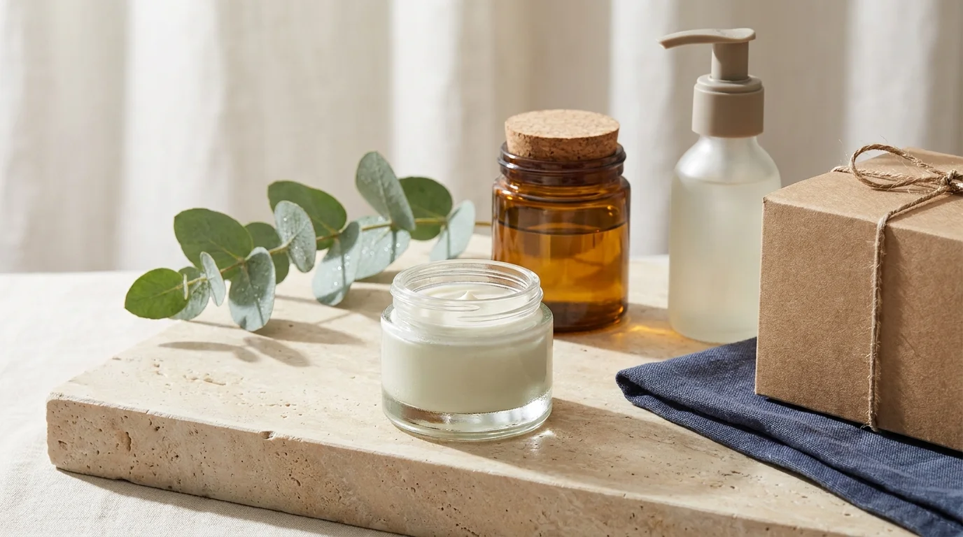 Natural wellness products in refillable glass jars and recycled kraft packaging with a eucalyptus sprig on a stone surface