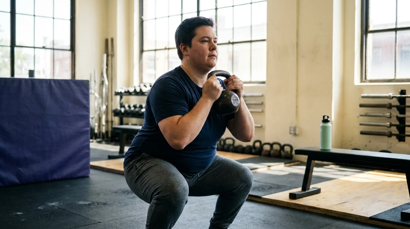A person building muscle with clean, controlled strength-training form in a bright gym, composed and focused, not grimacing