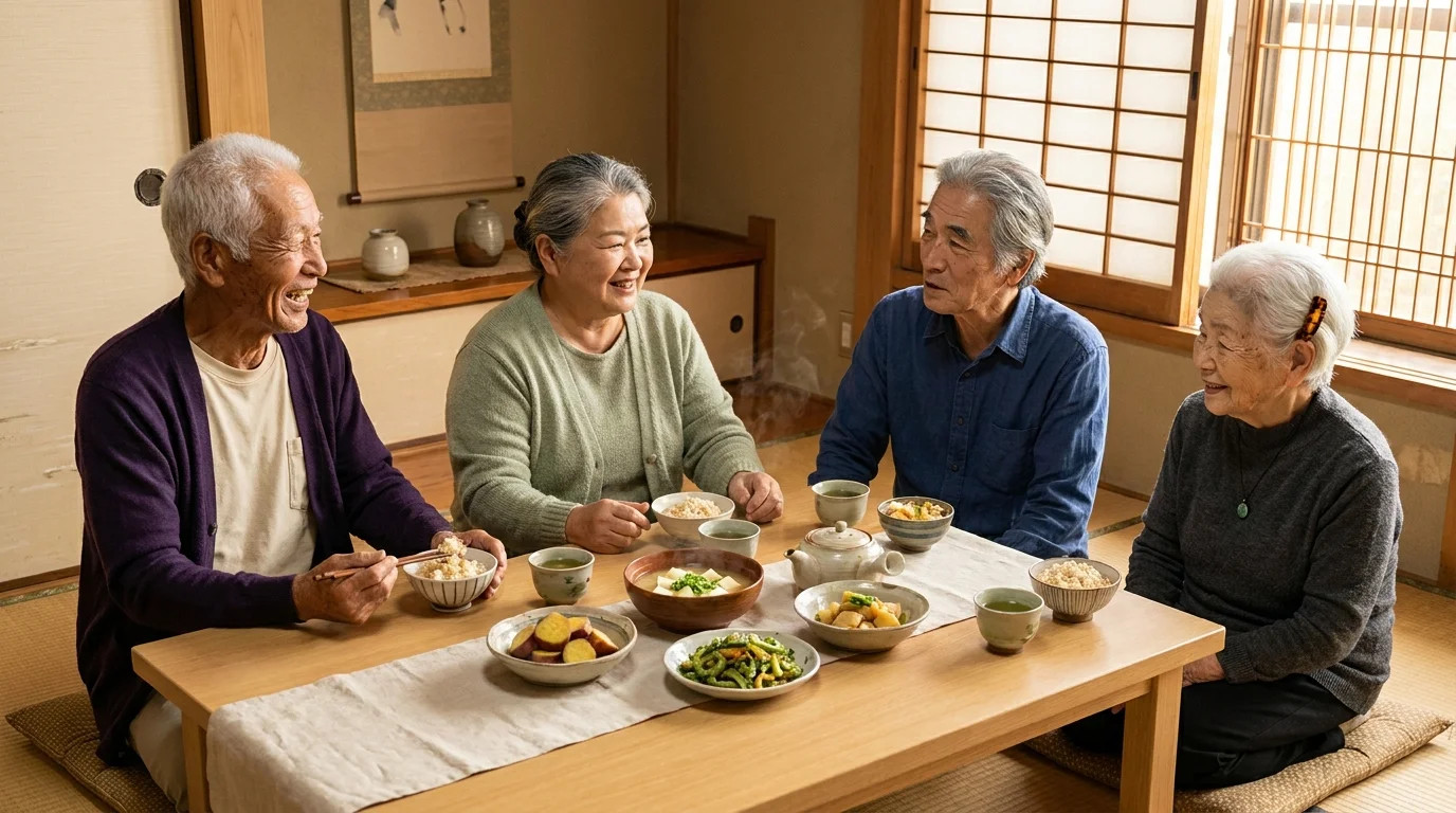 Okinawan moai of elders sharing a midday meal of imo, tofu and miso soup at a low wood table for the blue zones diet