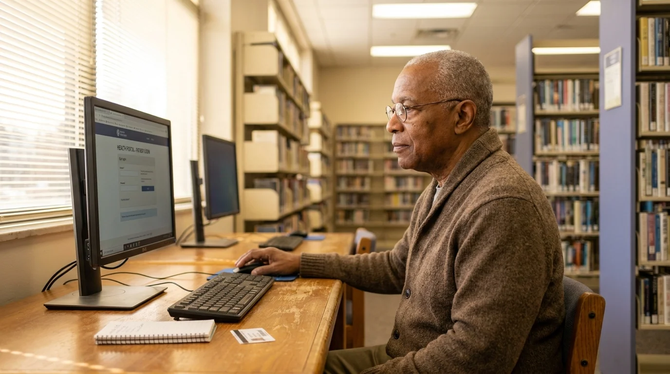 Older man at a public-library computer calmly navigating a health portal, building his digital health literacy