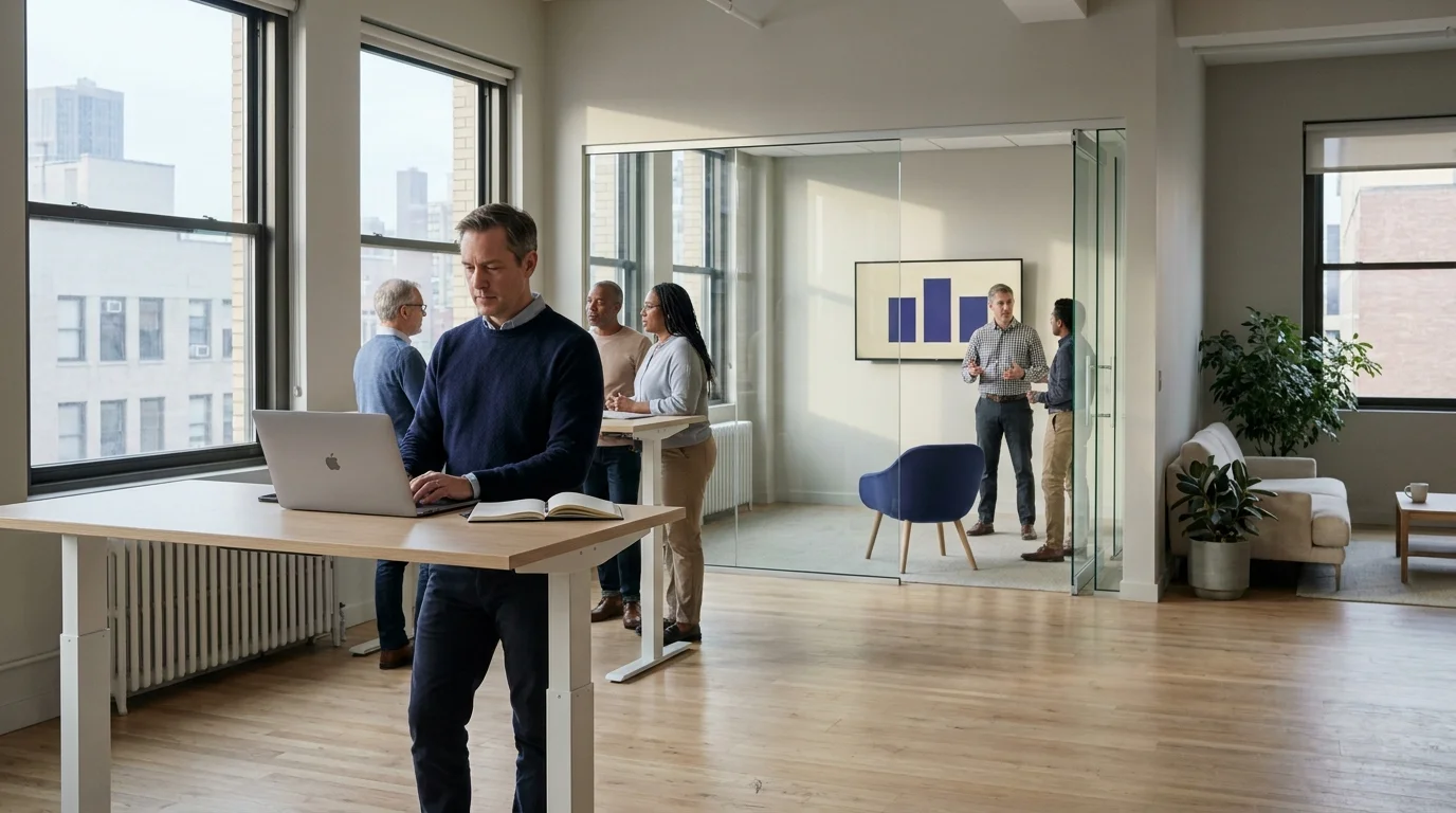 Late-afternoon open-plan office with sit-stand desks, glass-walled meeting and a wellness huddle in warm window light
