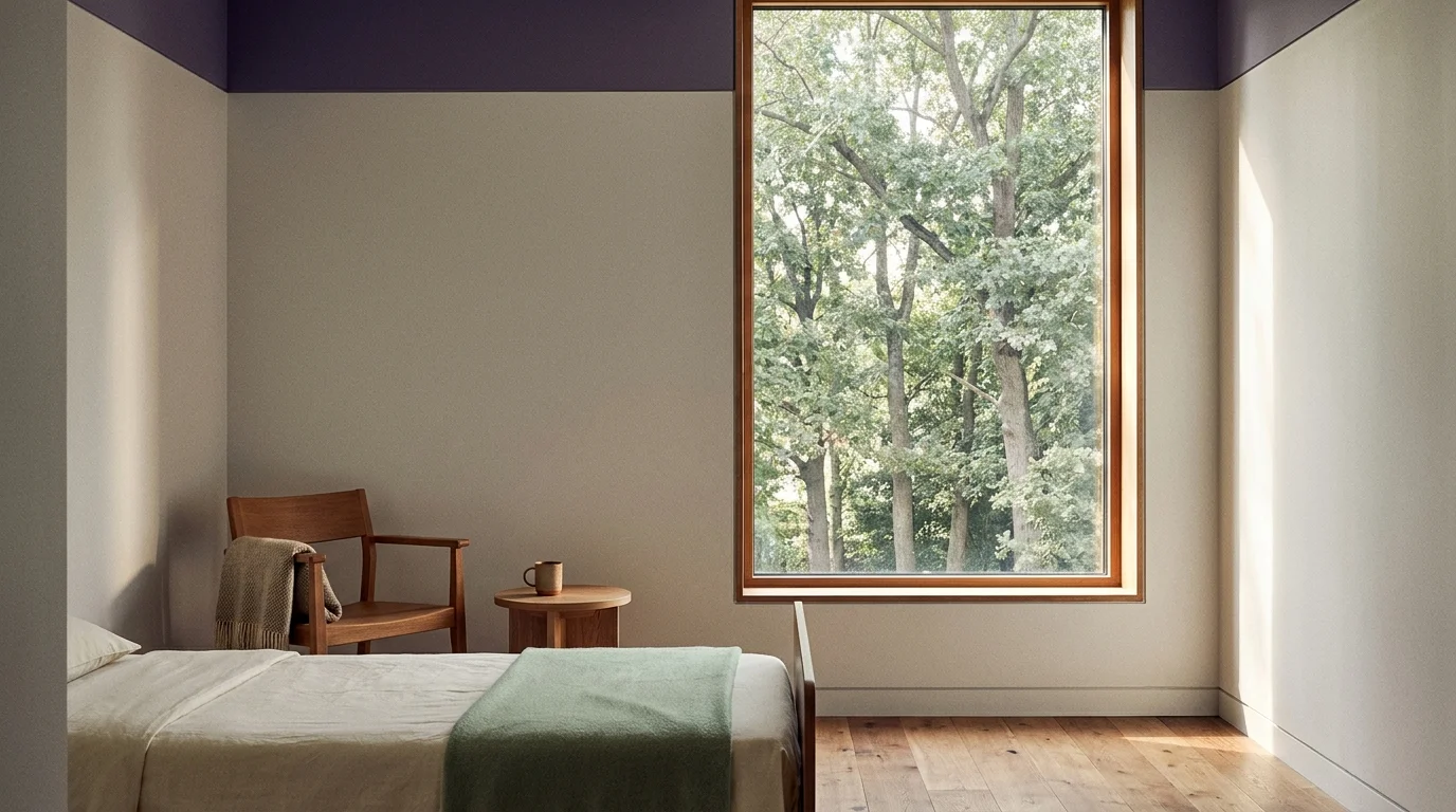 Hospital patient room with a tall window onto mature trees in soft late-morning daylight, biophilic design in healthcare