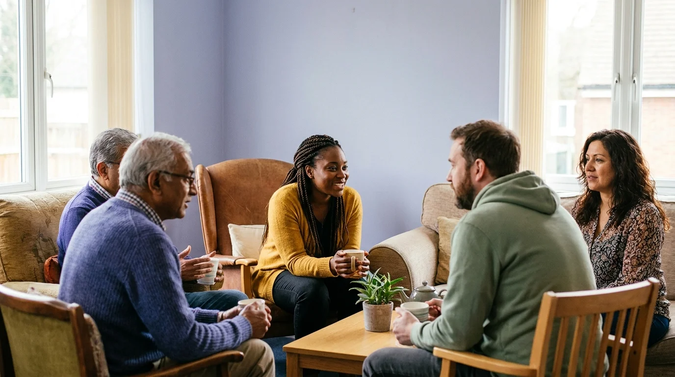 Diverse peer support group of ordinary adults talking warmly over tea in a community room, everyday mental health advocacy