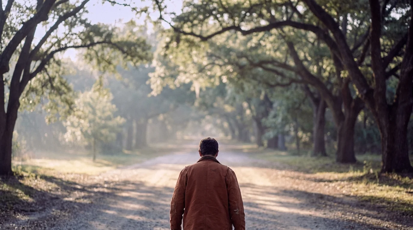 Person walking alone down a quiet tree-lined path in soft morning light, a mental wellness journey in motion