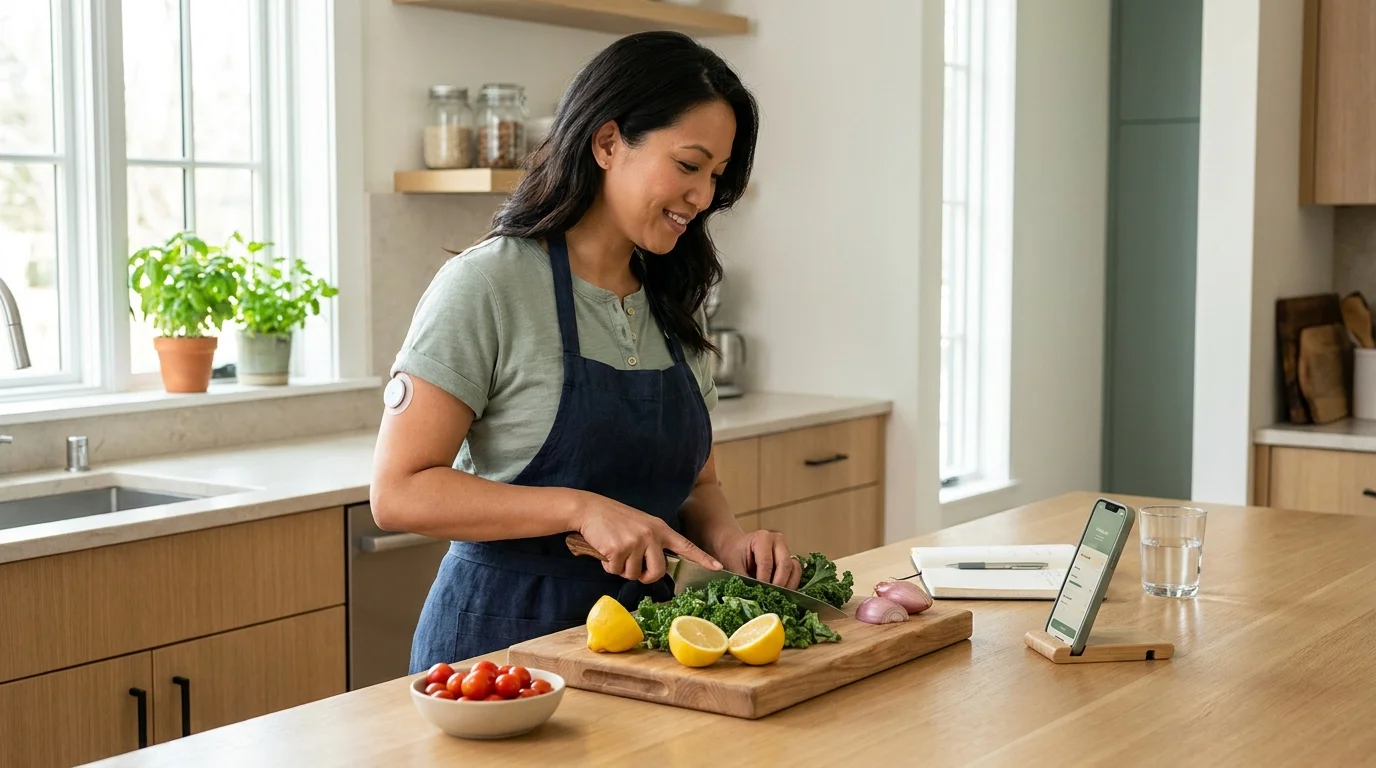 Personalized nutrition in a bright kitchen — person cooking with a CGM on the arm, recipe phone on counter, fresh ingredients