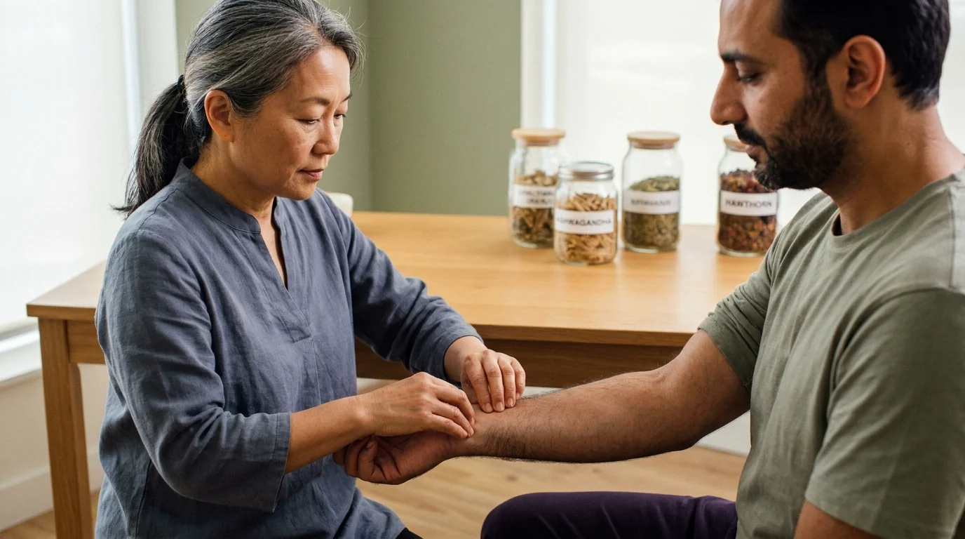 Practitioner taking a patient's wrist pulse during a traditional medicine consultation in a calm clinic room