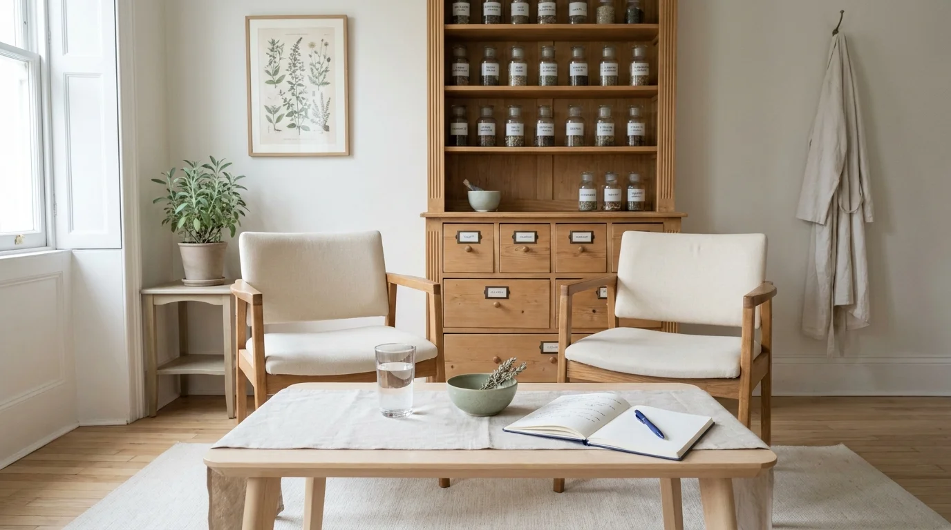 Quiet consultation room for traditional medicine and holistic healing with two wood chairs, herb cabinet and morning daylight