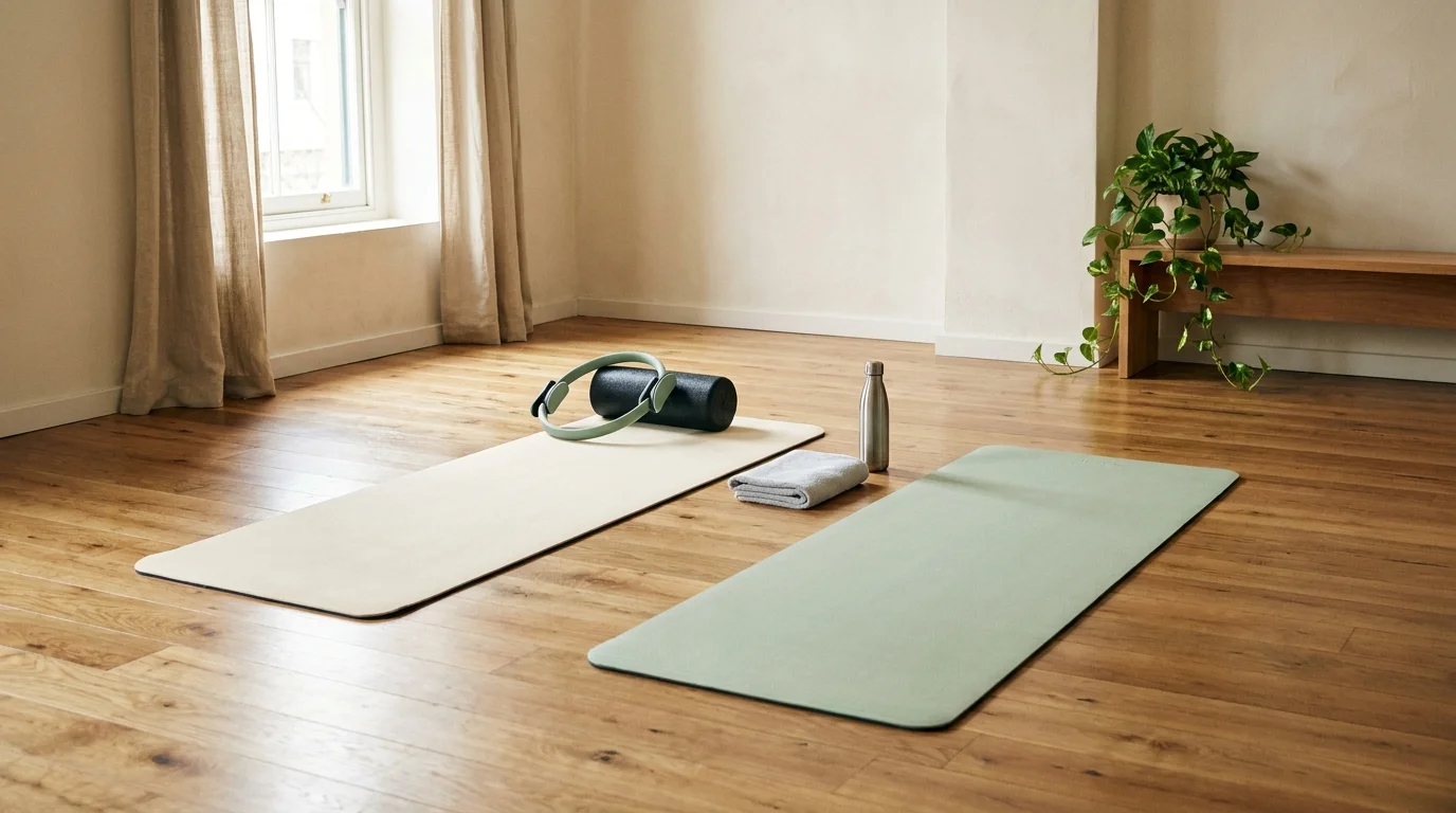 A quiet studio with two practice mats laid out as alternatives to yoga, Pilates ring and foam roller visible