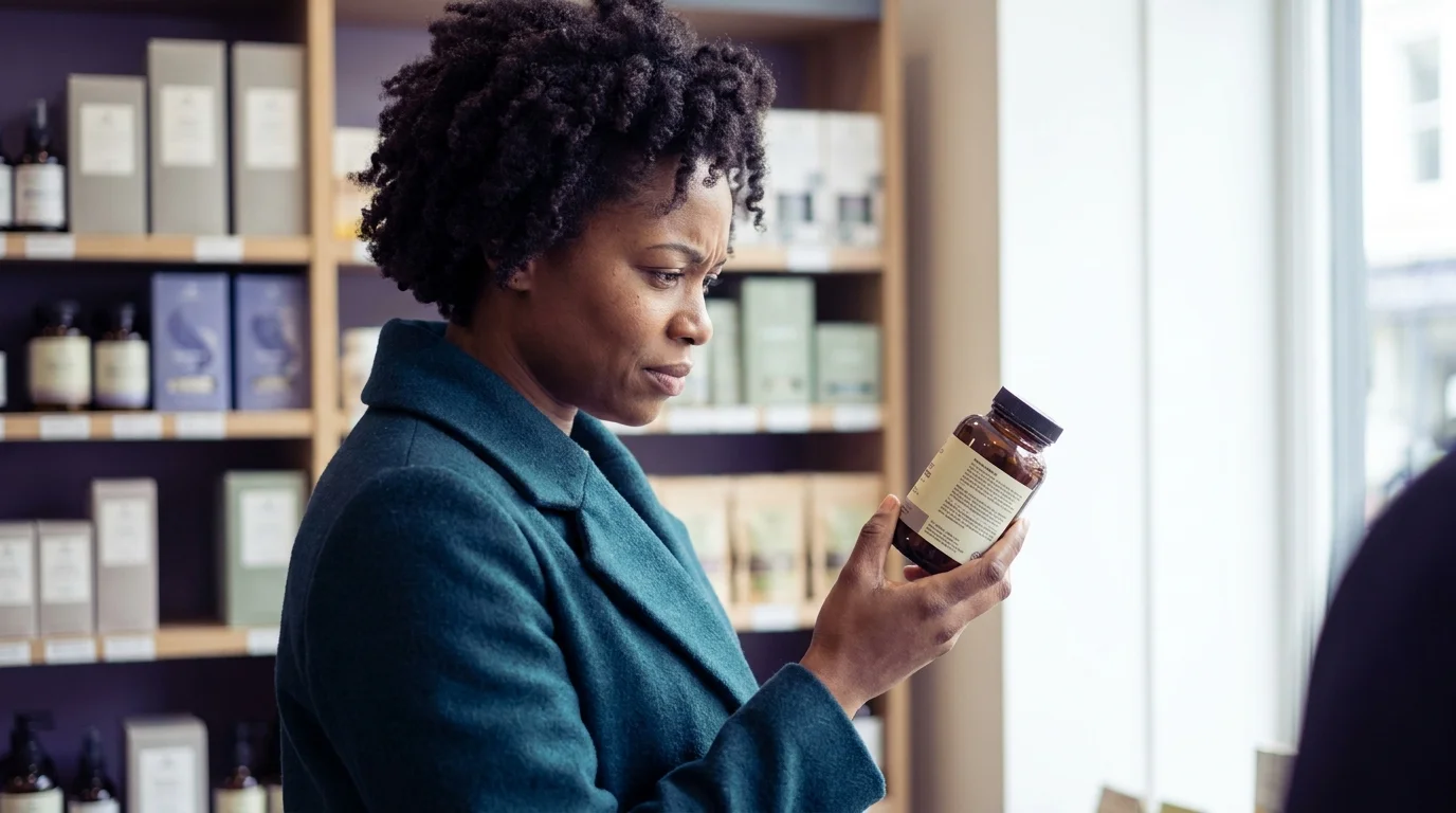 Shopper in a store aisle reading a product's back label closely, weighing an ethical marketing claim
