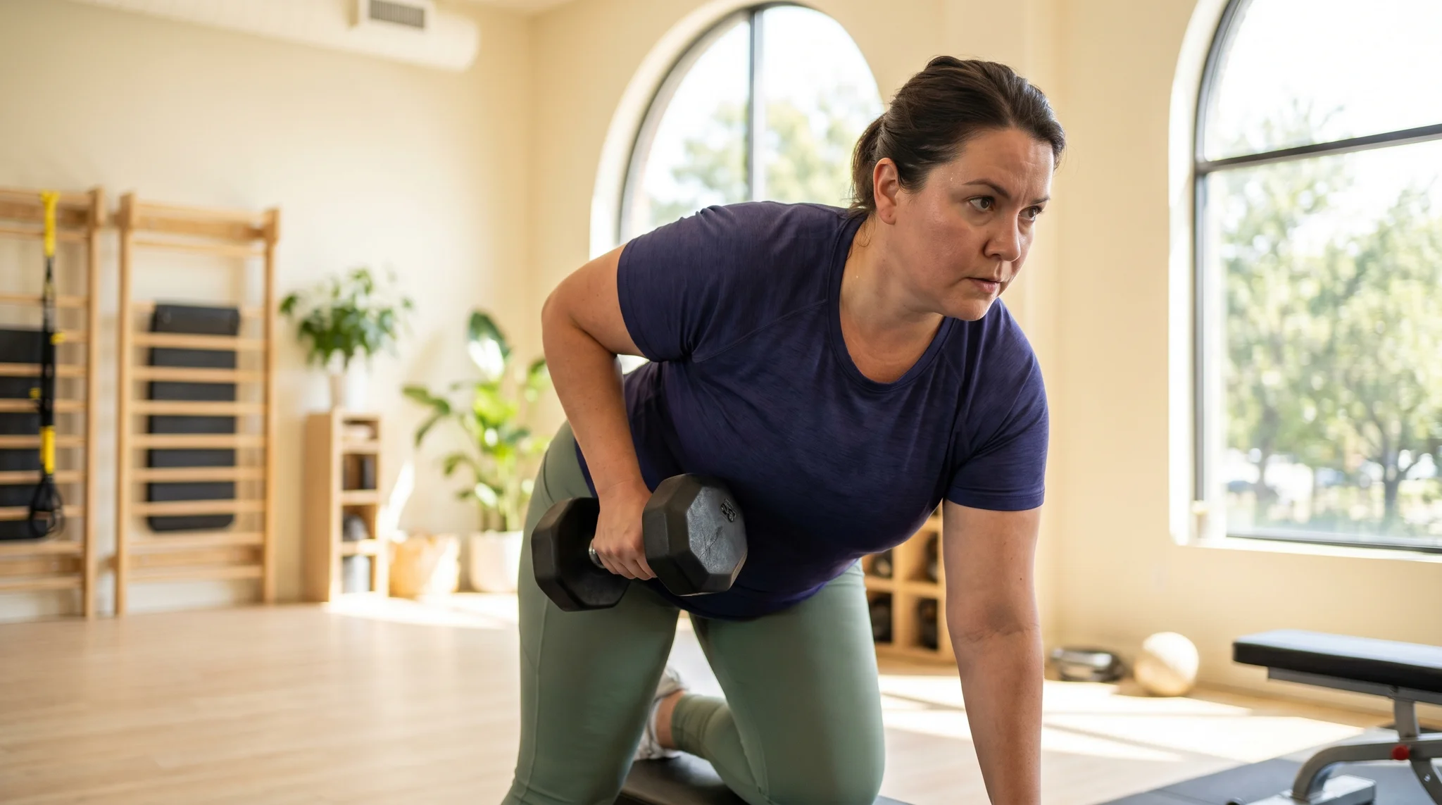 Plus-size woman strength training with dumbbells in confident, controlled form in a bright modern gym