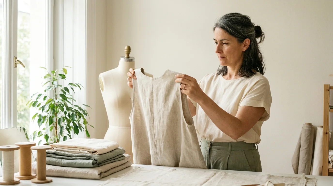 Slow fashion maker pausing in a sunlit atelier to consider a half-finished linen garment in her hands