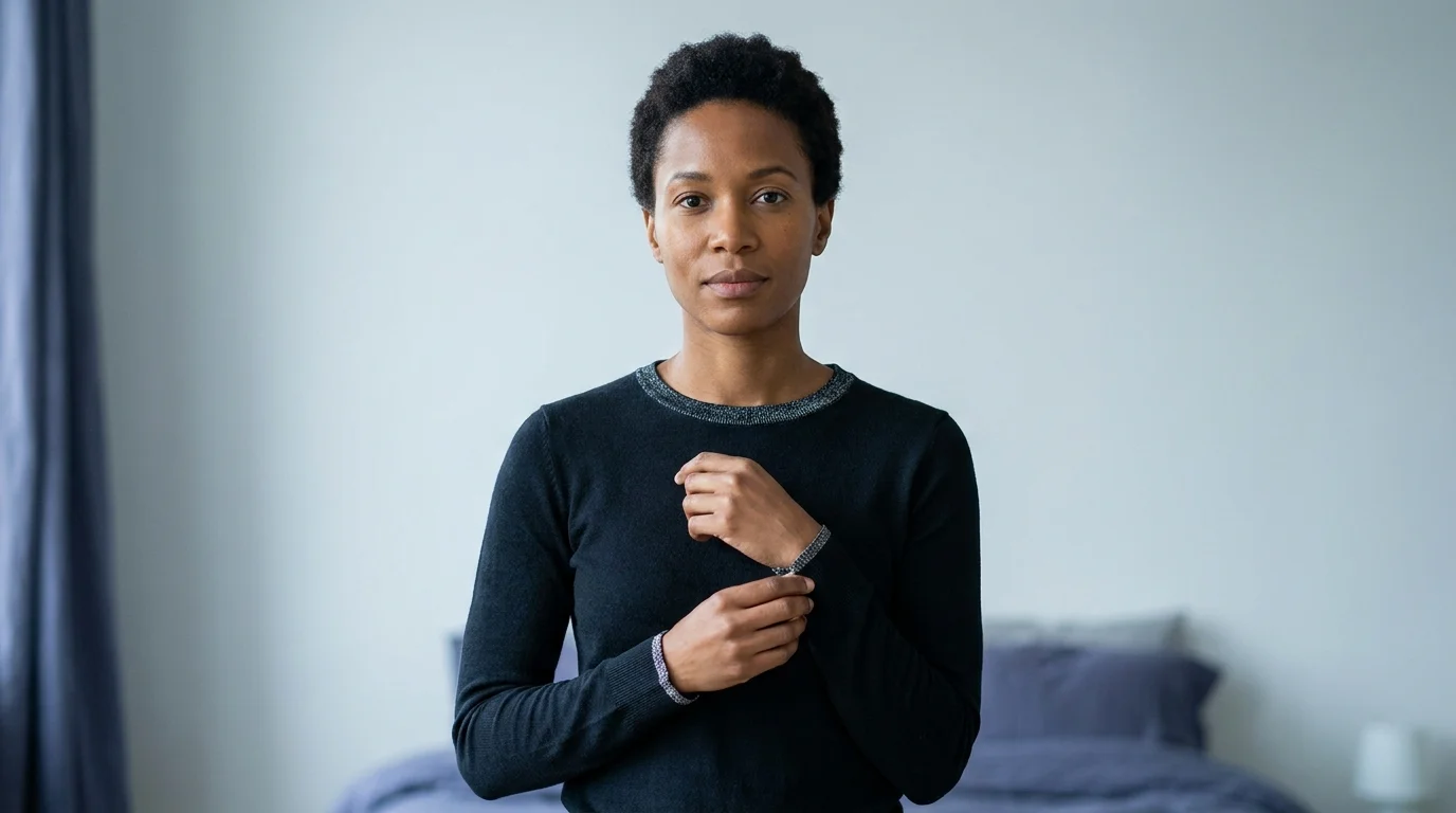 Woman in a sleek smart-fabric top with fine conductive silver threads woven along the collar and cuff