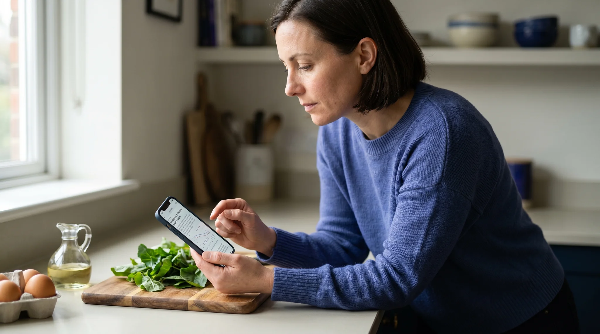 Woman at a sunlit kitchen counter checking a phone for nutrition myths, fresh greens and eggs on the board beside her