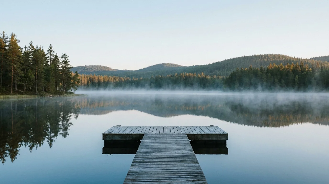 Still forest lake at dawn with mist and a wooden dock, the kind of calm setting sought at wellness retreats