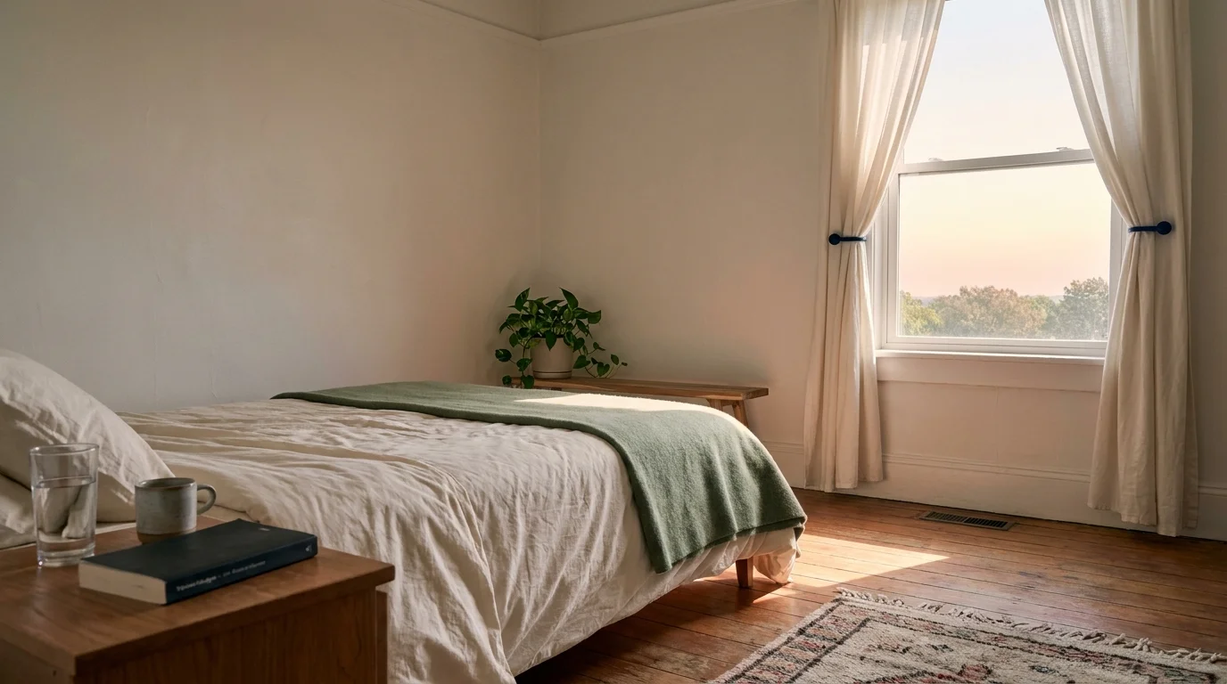 A quiet sunrise bedroom with morning light pouring through pulled-back linen curtains onto unmade cream sheets