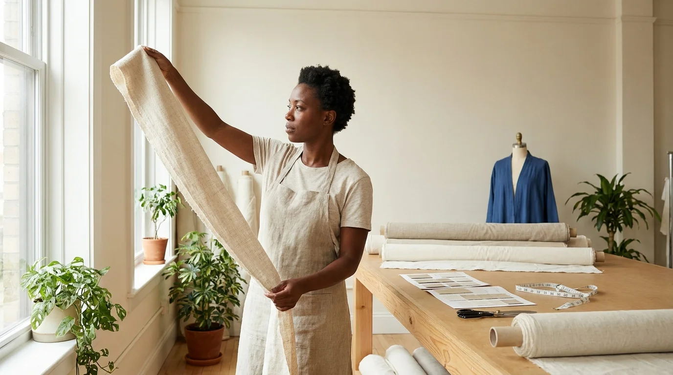 Designer's studio flatlay of natural-fiber clothing with organic cotton, linen and hemp swatches in soft daylight