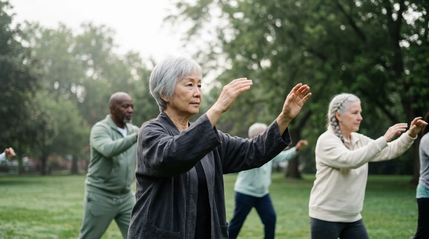 Older adults practicing tai chi together at sunrise in a green urban park, a calm community cultural wellness scene