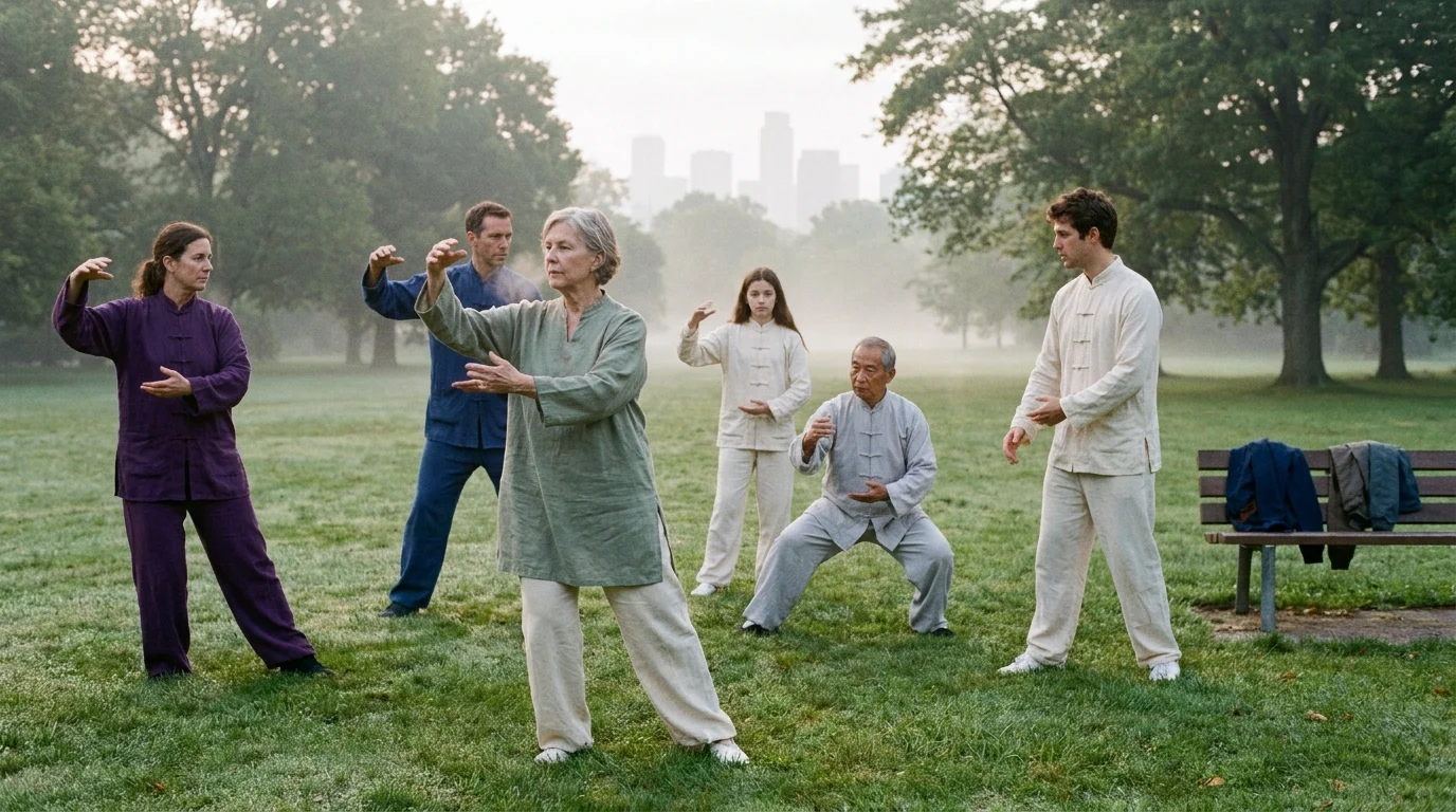 Mixed-age group practicing Tai Chi slow form in a public park at dawn for older-adult types of martial arts