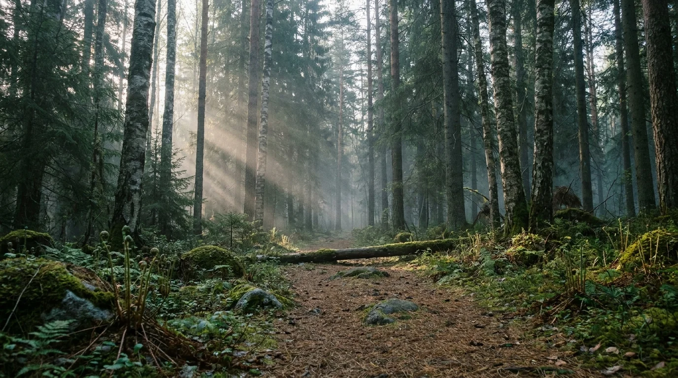 A forest bathing path through a temperate conifer-and-birch forest at dawn with morning mist in the canopy