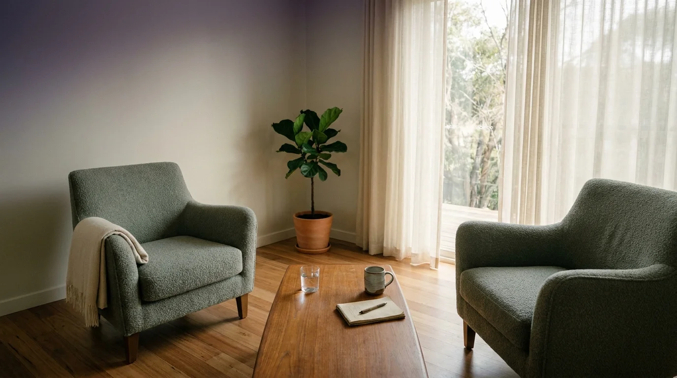 Psychedelic therapy preparation room with two armchairs across a low table near a tall window in late-morning daylight