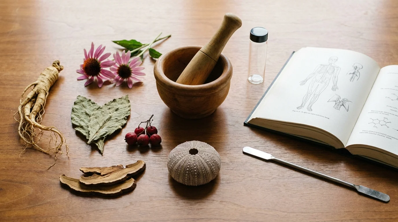 Distinct dried medicinal botanicals beside modern clinical tools, integrating indigenous healing practices with biomedicine