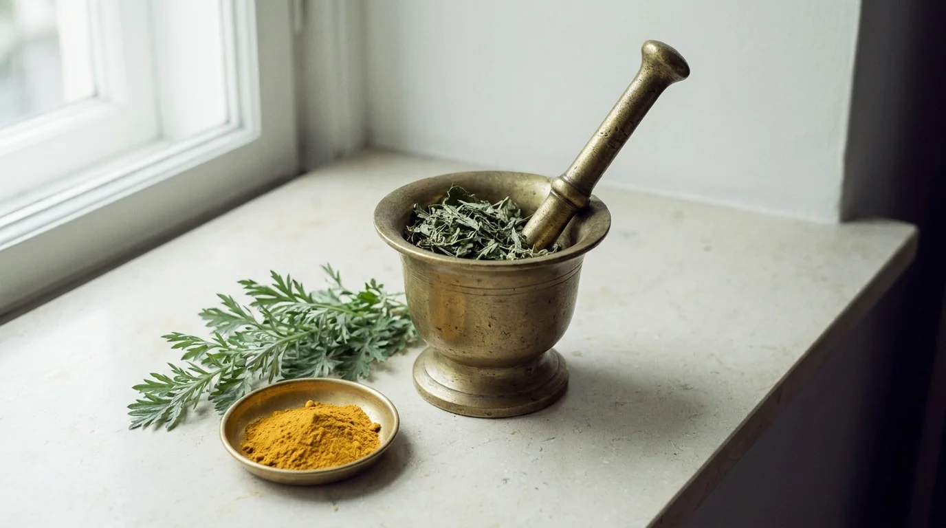Brass mortar and pestle with dried herbs and turmeric on a cream surface, traditional healing tools in daylight