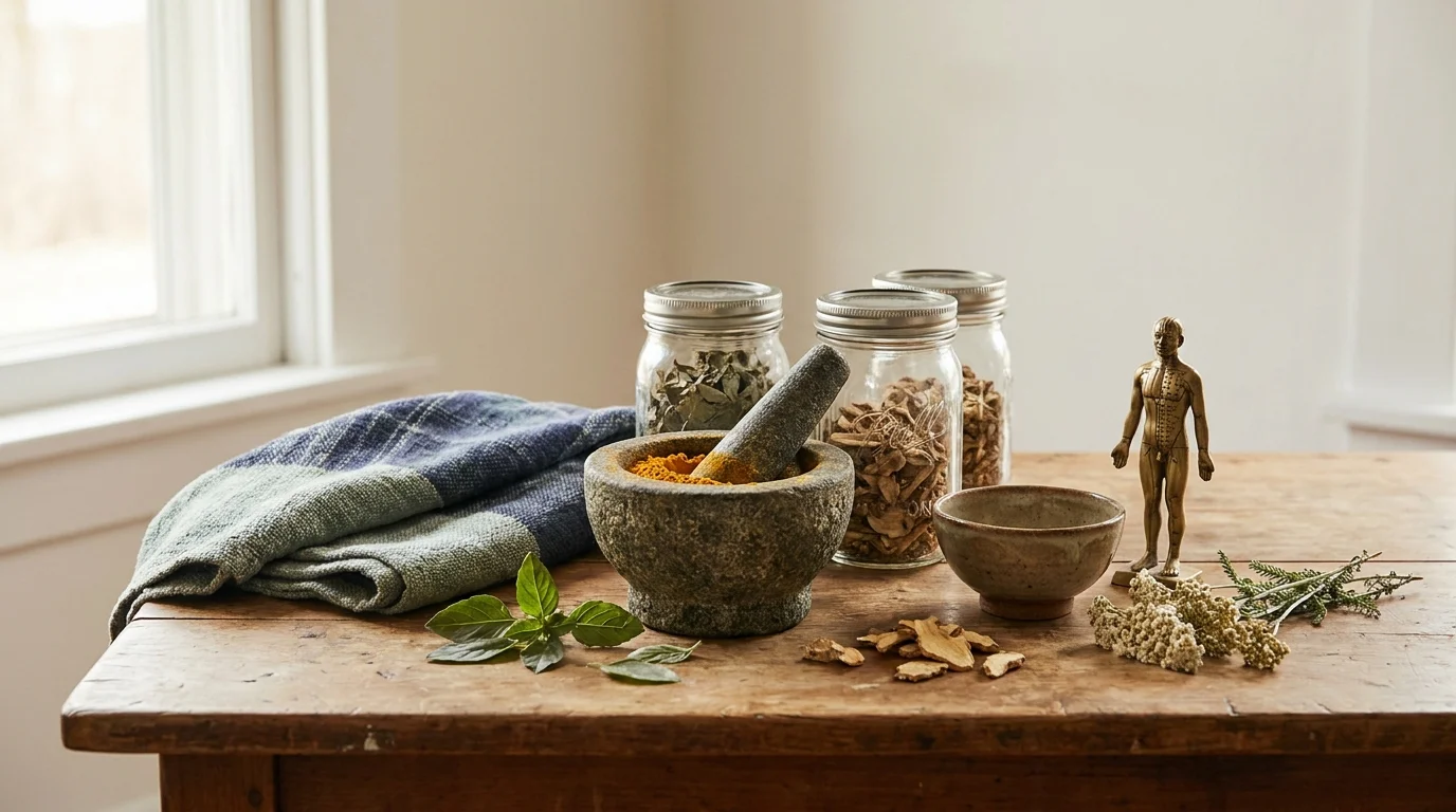 A modern apothecary table of mortar, herbs, woven cloth, and a brass meridian figure from traditional healing practices