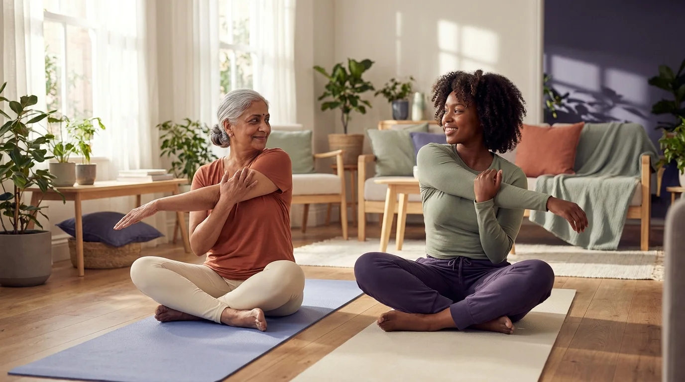 Older and younger woman doing gentle stretching together in a sunlit living room, a generational wellness moment