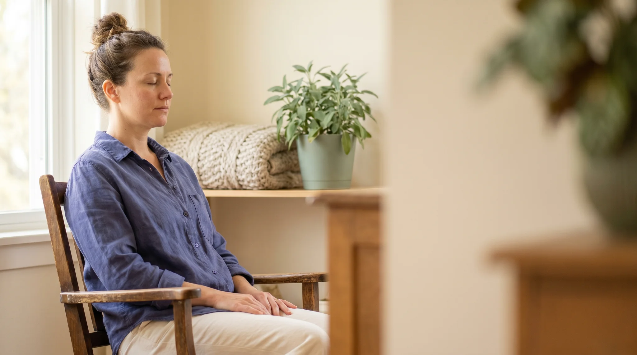 Woman practicing a seated type of meditation, eyes closed and calm in a warm, softly lit room