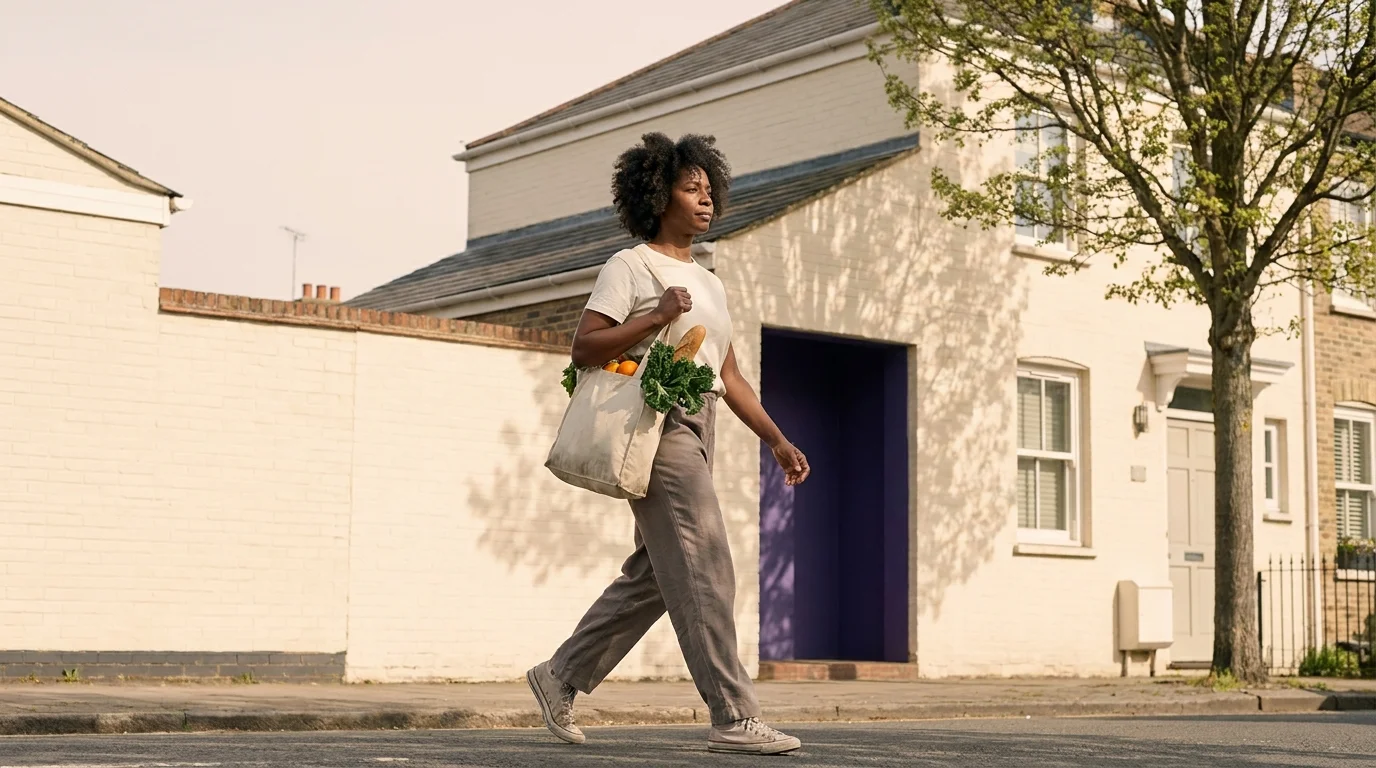 Woman walking home along a residential street with a canvas market bag of seasonal produce in soft late-morning light