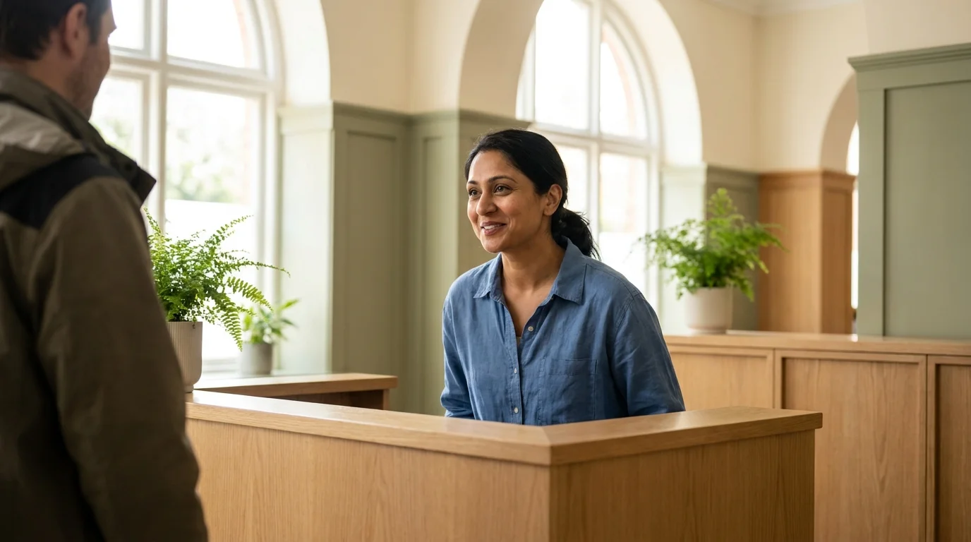 A community health worker welcoming a patient at a bright clinic reception, one of several affordable healthcare solutions