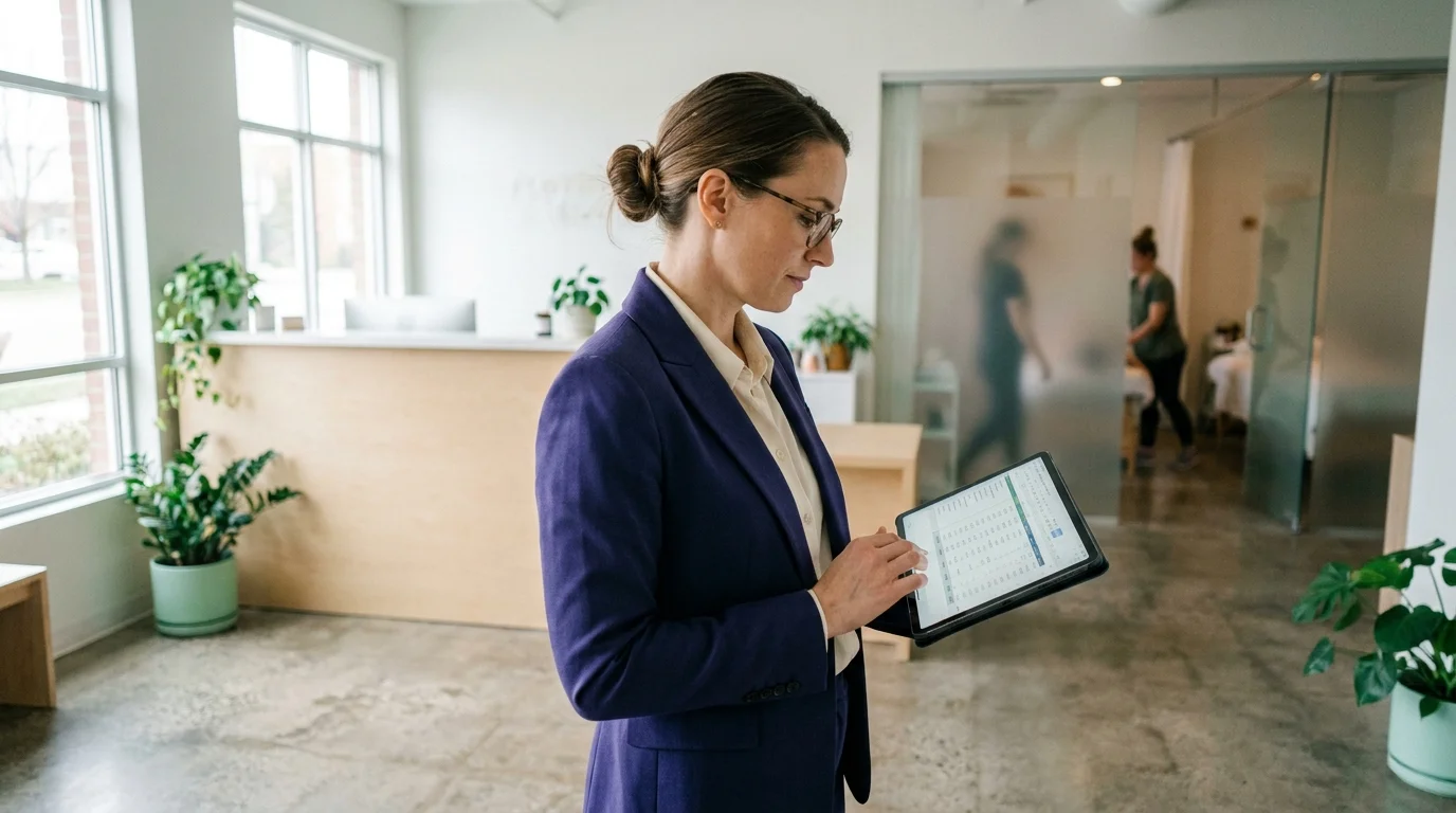 A wellness center owner reviewing startup numbers on a tablet in a bright modern studio space with a front desk and plants