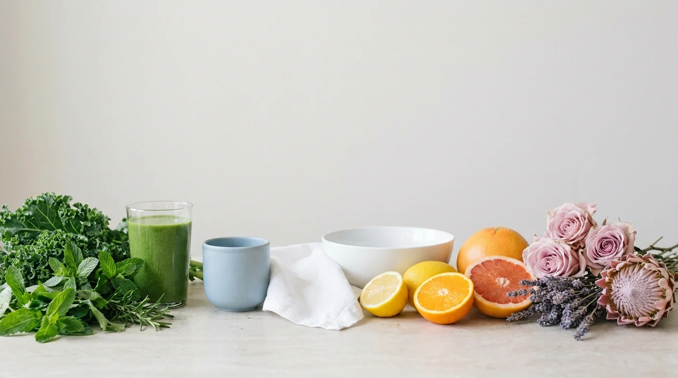 Still-life of the colors that represent health and wellness — leafy greens, blue ceramic, white linen, citrus, pink blooms
