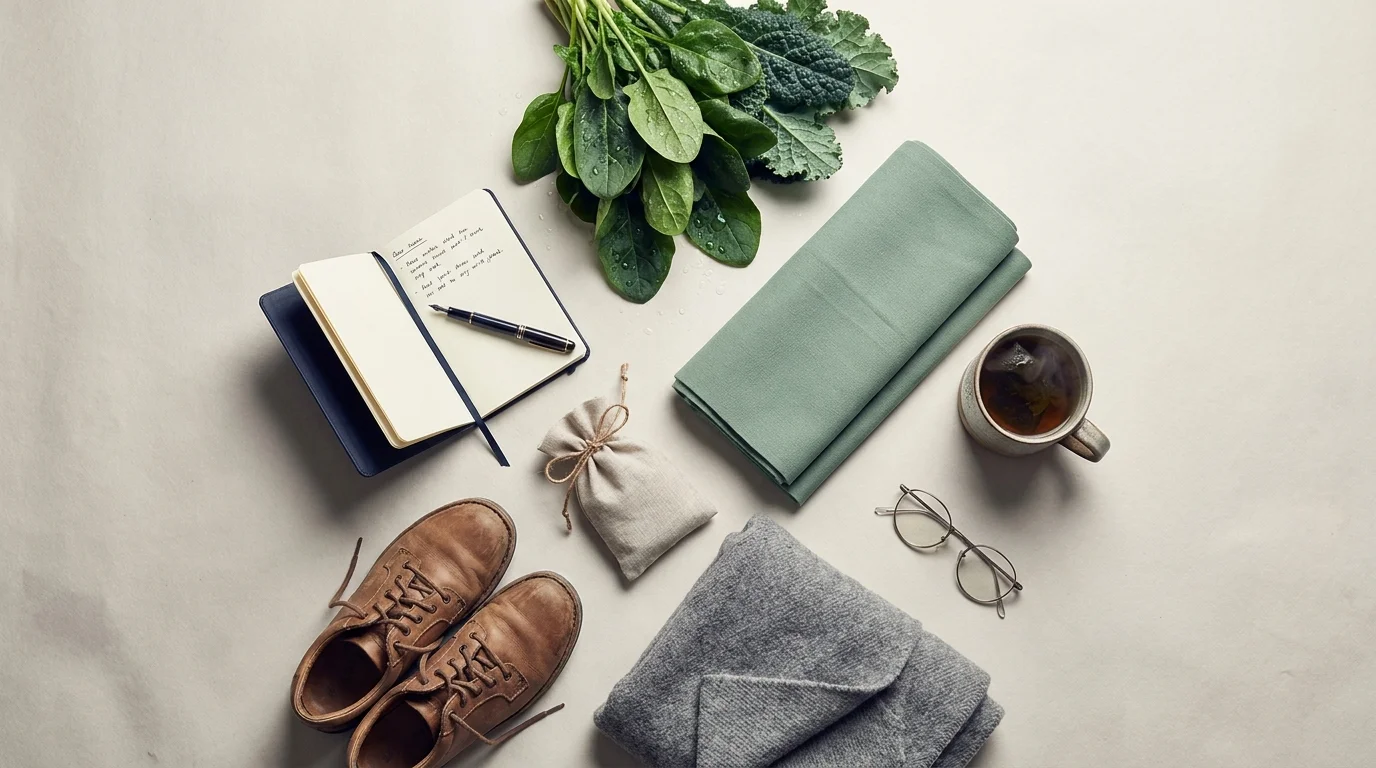 Overhead flat-lay of health and wellness industry essentials on a warm cream paper surface