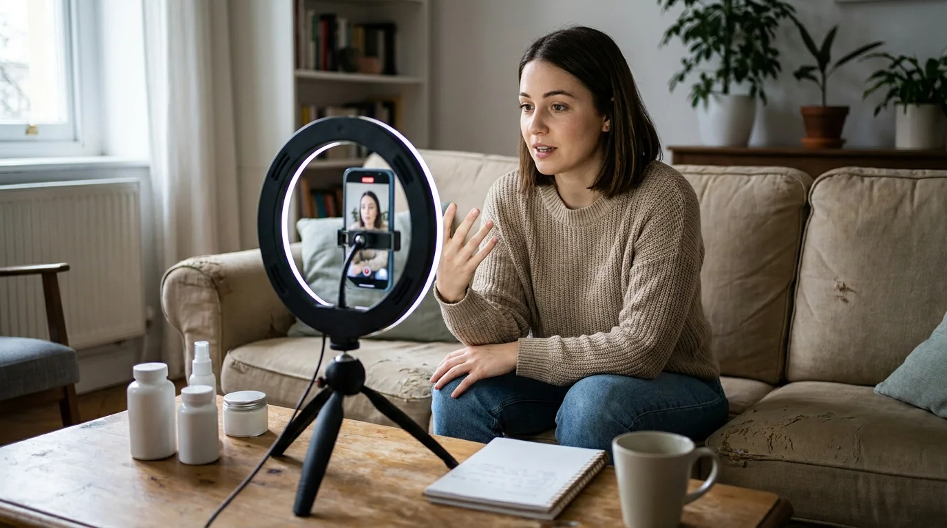 Wellness influencer recording a health-advice video on a phone with a ring light, the production rig in full view