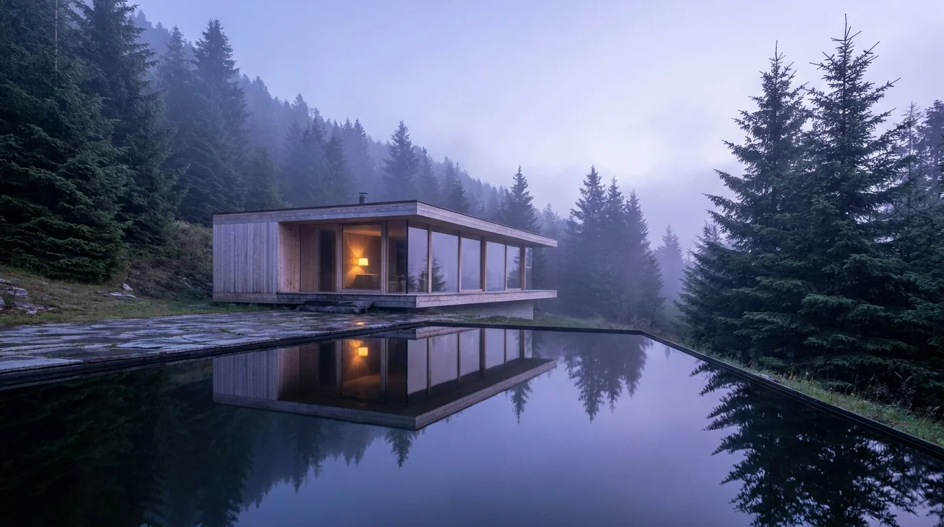 Modern wellness retreat pavilion of timber and glass on a forested mountainside, mirrored in a still pool at dawn