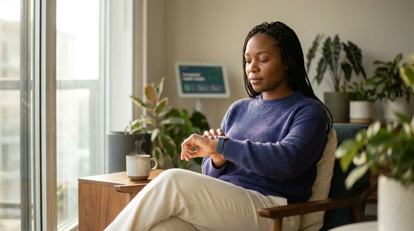 Woman checking her smartwatch, a piece of everyday wellness technology, by a sunlit window with herbal tea nearby