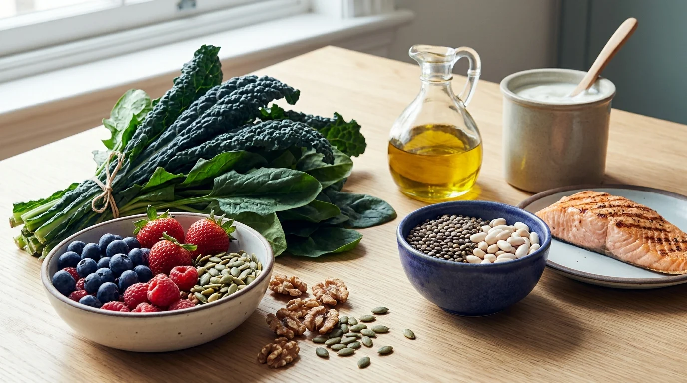 An appealing arrangement of everyday superfoods — berries, leafy greens, salmon, beans, nuts, olive oil, yogurt — on light wood