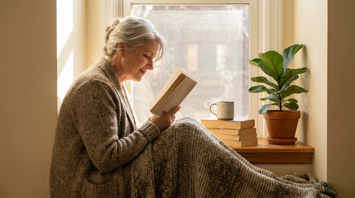 Woman reading in a sunlit window seat with a small stack of books for mental health and a cup of tea